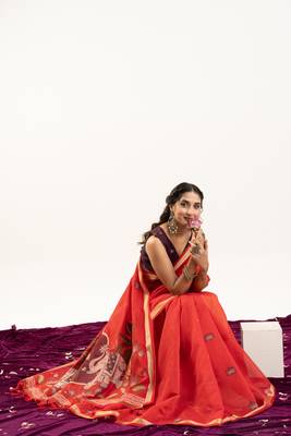 Red muga cotton rajwadi weaving ethnic classic saree 5