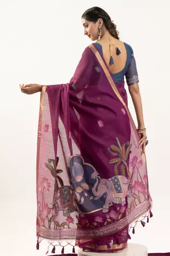 Wine muga cotton rajwadi weaving ethnic classic saree