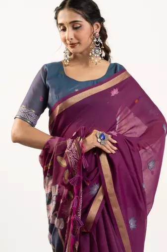 Wine muga cotton rajwadi weaving ethnic classic saree