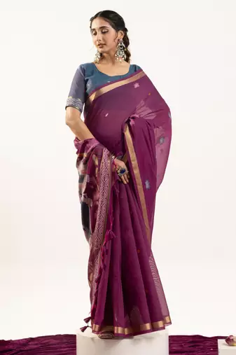 Wine muga cotton rajwadi weaving ethnic classic saree