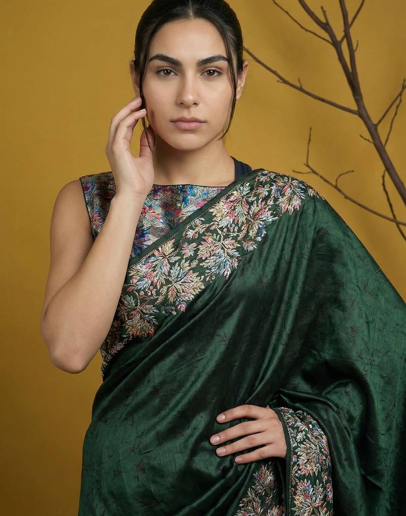 Soft silk floral printed saree with rainbow zari woven pallu and contrast blouse