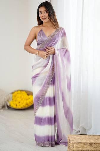 Lavender color beautiful fendy satin fabric saree with glamorous zarkan diamond work