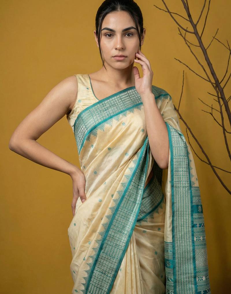 handloom soft art silk saree with zari woven motifs contrast traditional border