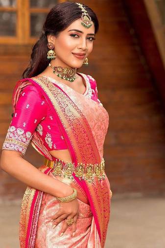 Peach soft silk blend banarasi jacuard work designer saree with blouse