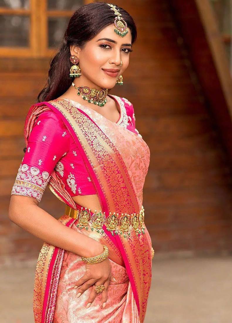 Peach soft silk blend banarasi jacuard work designer saree with blouse