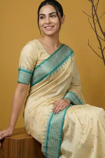 handloom soft art silk saree with zari woven motifs contrast traditional border