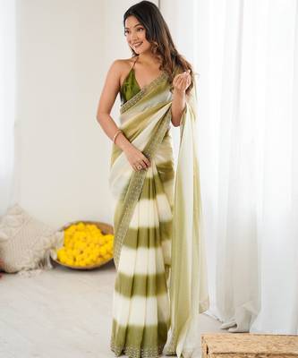 Mahendi satin saree with glamorous zarkan diamond work 1
