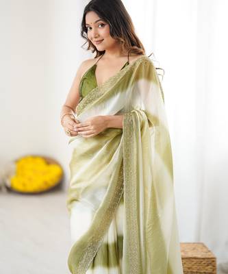 Mahendi satin saree with glamorous zarkan diamond work 3