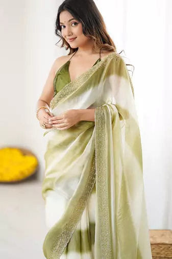 Mahendi satin saree with glamorous zarkan diamond work