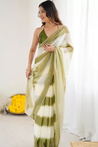 Mahendi satin saree with glamorous zarkan diamond work