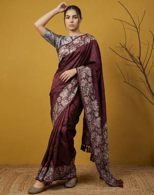 Soft silk floral printed saree with rainbow zari woven pallu and contrast blouse 1