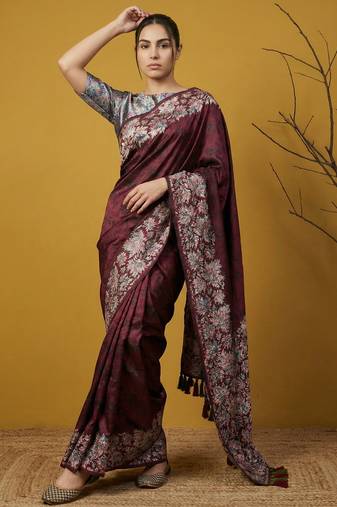 Soft silk floral printed saree with rainbow zari woven pallu and contrast blouse