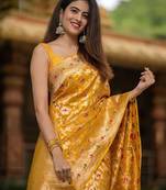 Yellow soft silk blend banarasi jacuard work designer saree with blouse