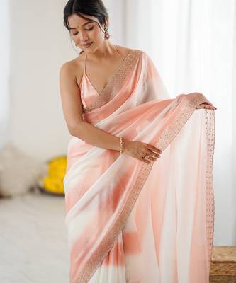Peach satin saree with glamorous zarkan diamond work 3