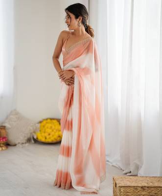 Peach satin saree with glamorous zarkan diamond work 4