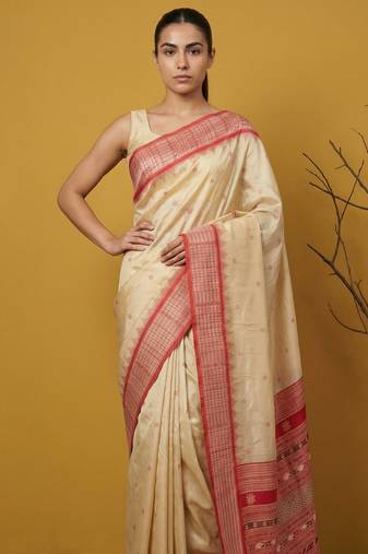 handloom soft art silk saree with zari woven motifs contrast traditional border