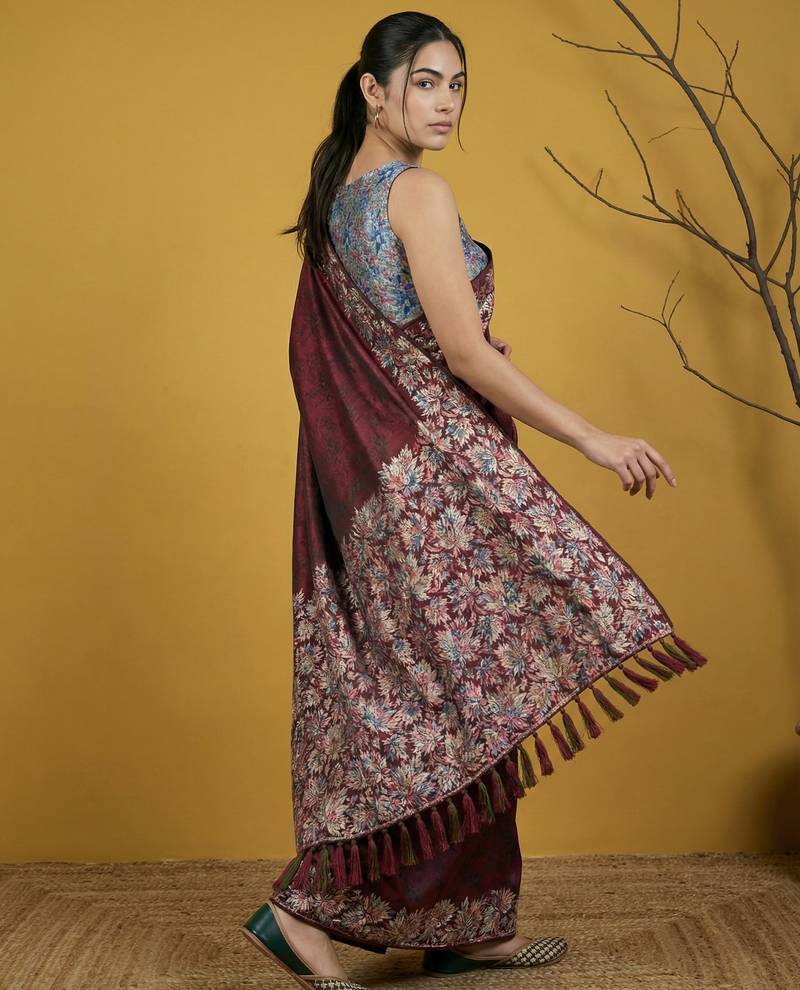 Soft silk floral printed saree with rainbow zari woven pallu and contrast blouse