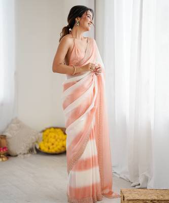 Peach satin saree with glamorous zarkan diamond work 5