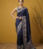 Soft silk floral printed saree with rainbow zari woven pallu and contrast blouse