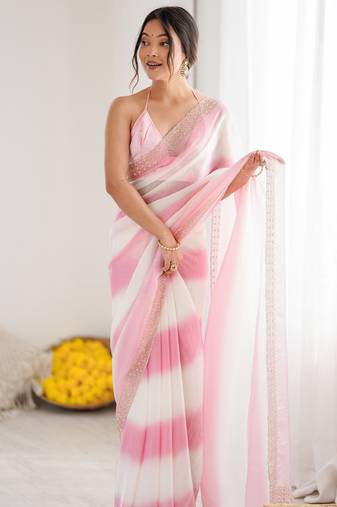 Pink color beautiful fendy satin fabric saree with glamorous zarkan diamond work