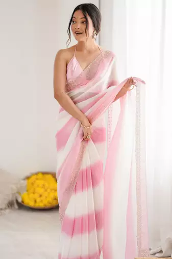 Pink color beautiful fendy satin fabric saree with glamorous zarkan diamond work