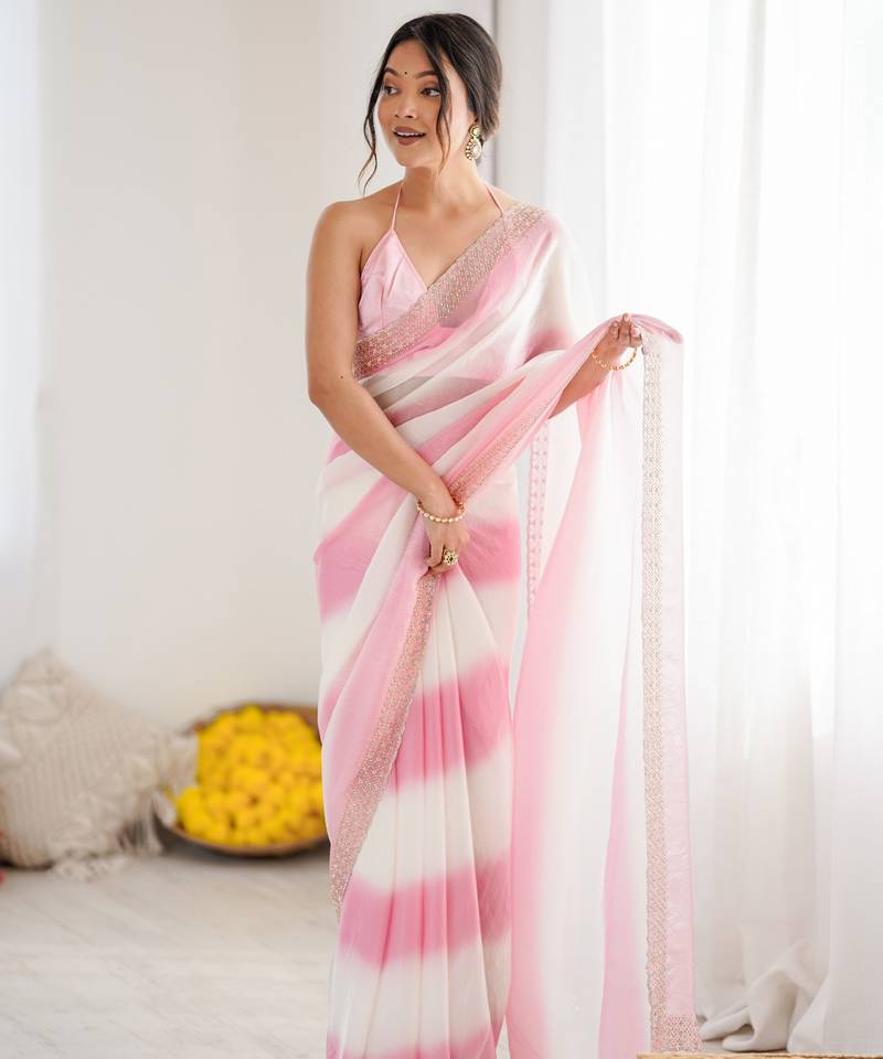 Pink color beautiful fendy satin fabric saree with glamorous zarkan diamond work