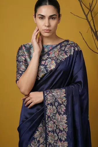 Soft silk floral printed saree with rainbow zari woven pallu and contrast blouse
