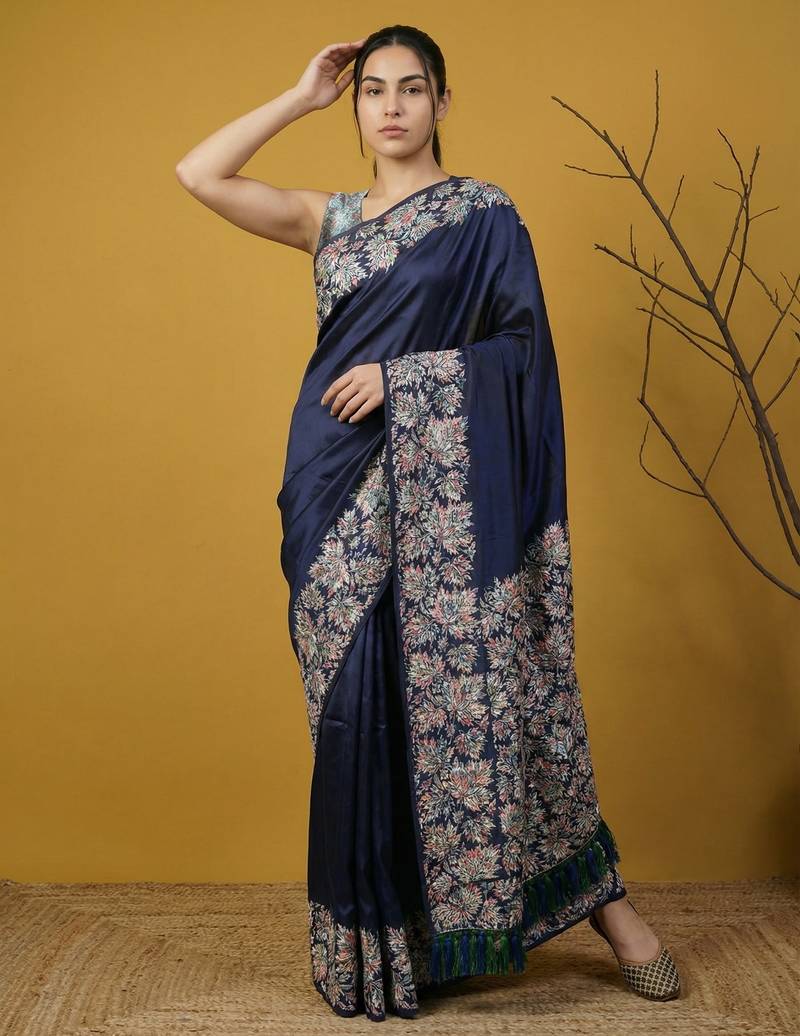 Soft silk floral printed saree with rainbow zari woven pallu and contrast blouse