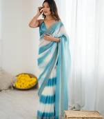 Sky blue color beautiful fendy satin fabric saree with glamorous zarkan diamond work