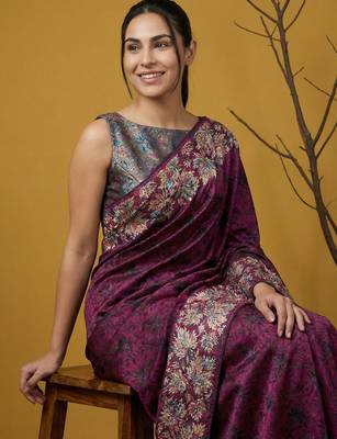 Soft silk floral printed saree with rainbow zari woven pallu and contrast blouse 2