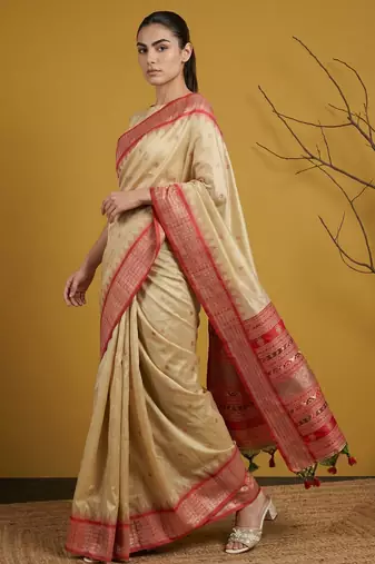 handloom soft art silk saree with zari woven motifs contrast traditional border
