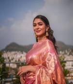 Baby pink soft silk blend banarasi jacuard work designer saree with blouse