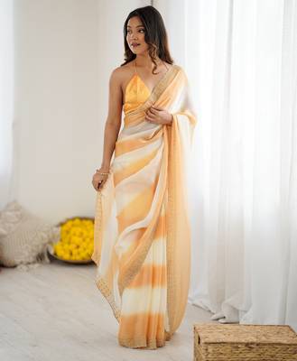 Yellow satin saree with glamorous zarkan diamond work 2