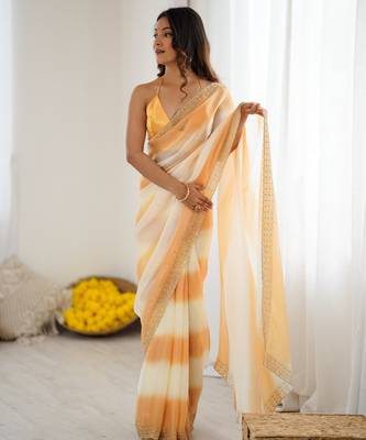 Yellow satin saree with glamorous zarkan diamond work 5