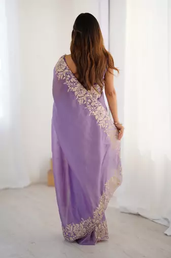Lavender candy crush partywear saree girlie looks