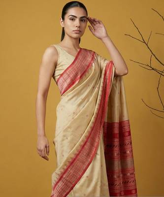 handloom soft art silk saree with zari woven motifs contrast traditional border 3