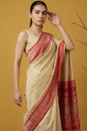 handloom soft art silk saree with zari woven motifs contrast traditional border