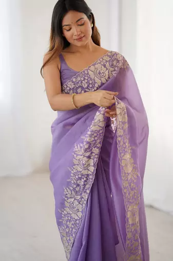 Lavender candy crush partywear saree girlie looks