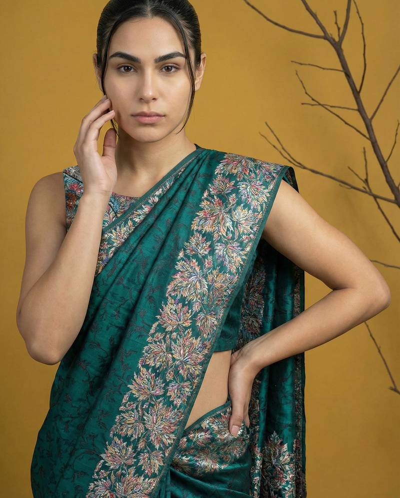 Soft silk floral printed saree with rainbow zari woven pallu and contrast blouse