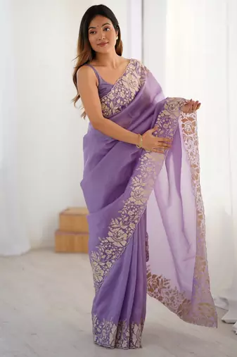 Lavender candy crush partywear saree girlie looks