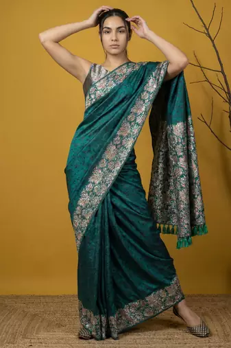 Soft silk floral printed saree with rainbow zari woven pallu and contrast blouse