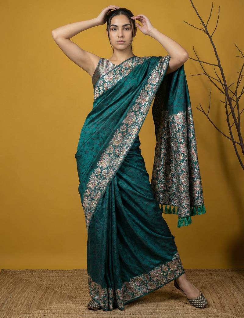 Soft silk floral printed saree with rainbow zari woven pallu and contrast blouse