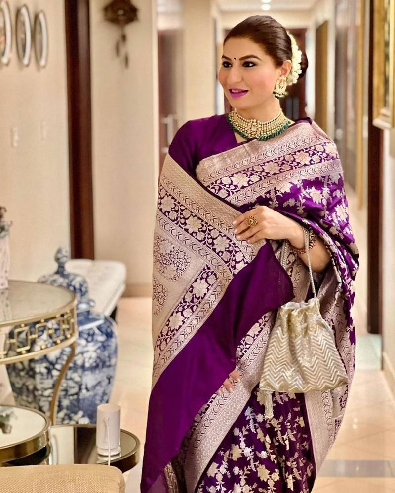 Purple soft silk blend banarasi jacuard work designer saree with blouse