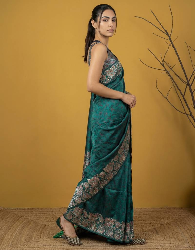 Soft silk floral printed saree with rainbow zari woven pallu and contrast blouse