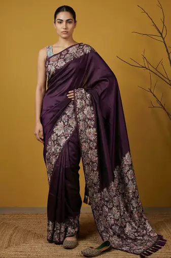 Soft silk floral printed saree with rainbow zari woven pallu and contrast blouse