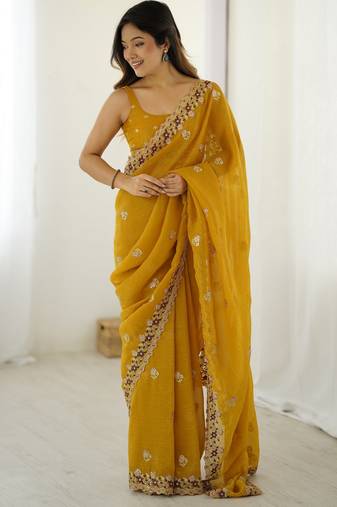 Mustard color crunchy fabric beautiful partywear saree for girlie looks