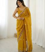Mustard color crunchy fabric beautiful partywear saree for girlie looks