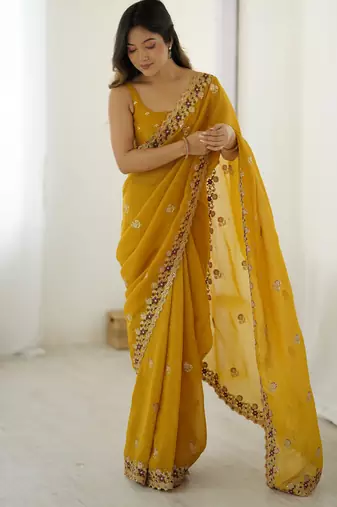 Mustard crunchy partywear saree girlie looks