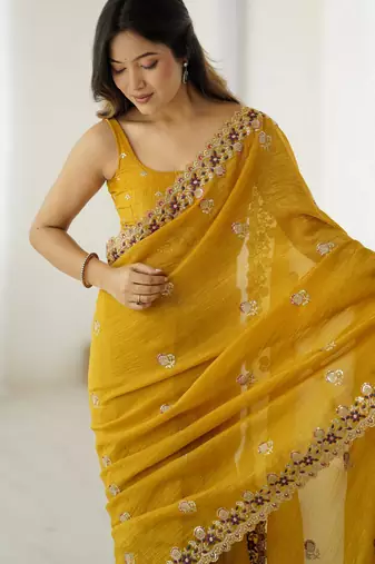 Mustard crunchy partywear saree girlie looks