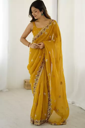 Mustard crunchy partywear saree girlie looks